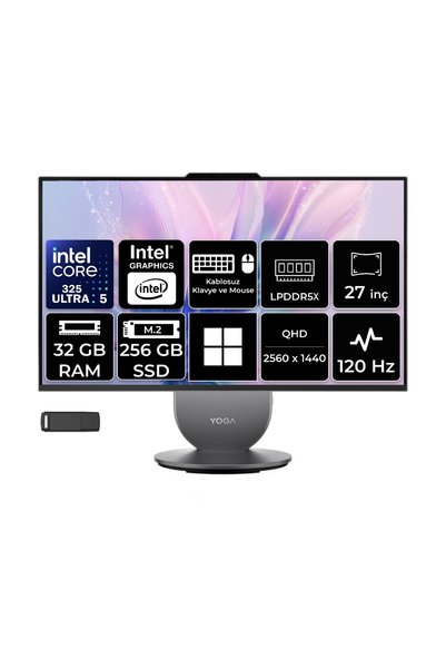 LENOVO Yoga 27IPH11 Intel Core Ultra 5 325 32GB RAM 256GB SSD 27" QHD 99% sRGB 350nits 120Hz Win11 Home F0JR000UTRP306 Pivot All in One Bilgisayar + PER4 USB Bellek