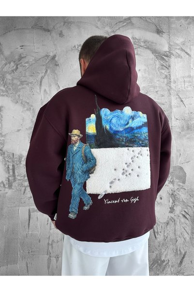 NO1 KONSEPT Burgundy Oversized Premium Van Gogh Plush Patch Sweatshirt with Hood