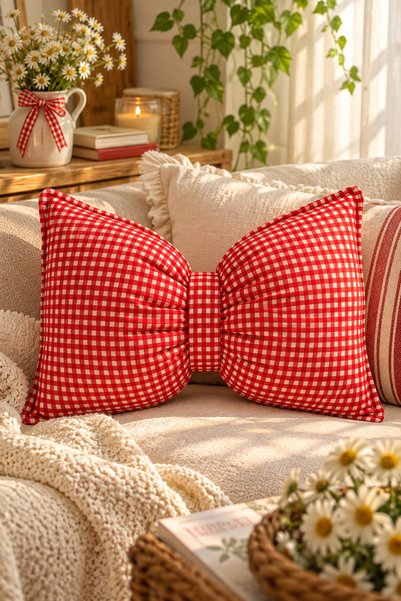 Arv T-shirt Red and White Gingham Bow Detail Decorative Cushion
