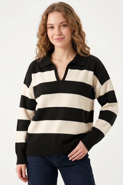 hadiora Women's Black Cream Striped Polo Collar Sweater