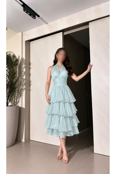 BAKLAFASHO Layered Draped Halter Neck Backless Midi Evening Dress