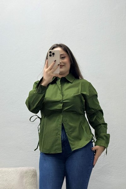 BELENDİR Women's Side-Tie Poplin Shirt in Khaki