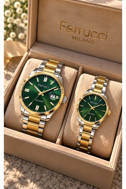 Ferrucci Steel Strap Yellow-Silver Steel Strap, Green Dial, Loved One, Pair, ...