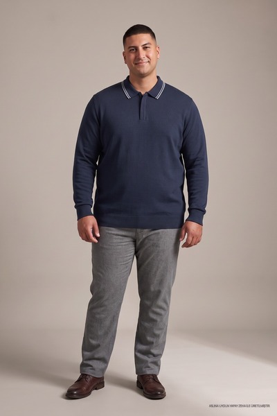 Maccali Navy Blue Men's Plus Size Invisible Zipper Polo Collar Knit Sweatshirt