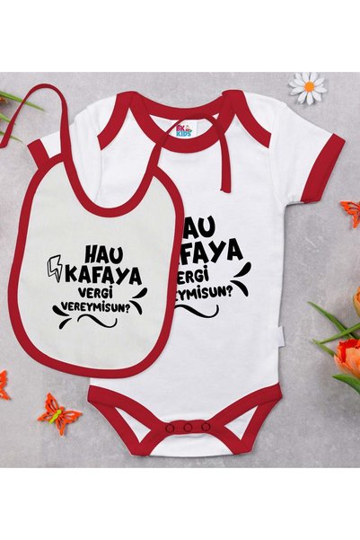 Bk Gift BK Kids "Hau Kafaya" Design Red Baby Bodysuit and Bib Gift Set-1
