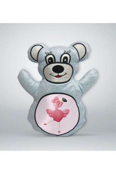 Bk Gift Blue Teddy Bear Print Pillow with Flamingo Design - 1