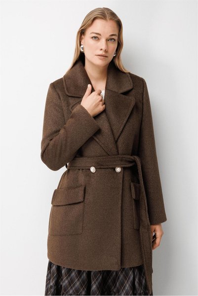 Ekol Buttoned Double-Breasted Cashmere Melton Coat, Brown