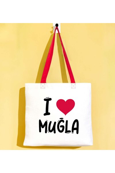 Bk Gift I Love Muğla Red Colored Handle Gabardine Cloth Bag 40X35Cm, Printed ...