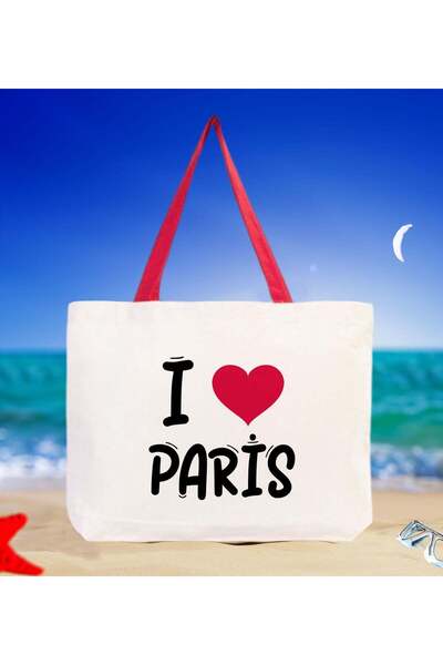 Bk Gift I Love Paris Red Canvas Beach Bag with Handles, 48x40m, Printed Shoul...