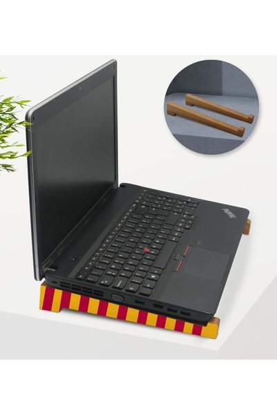 Bk Gift حامل محمول للابتوب مصنوع من الخشب باللونين الأصفر والأحمر.