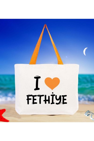 Bk Gift I Love Fethiye Orange Colored Handle Canvas Beach Bag 48X40M, Printed...