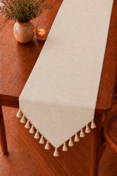 Luxoras Home Cream Vintage Cotton-Linen Triangular Tasseled Table Runner 40x1...