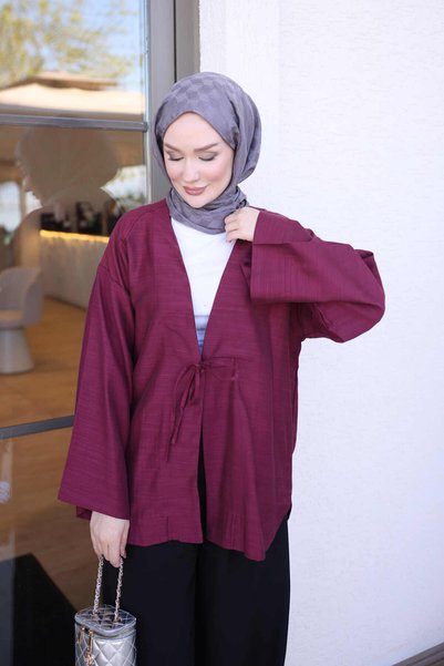 İmajButik كيمونو من الكتان مزين بأزرار باللون الأرجواني الداكن
