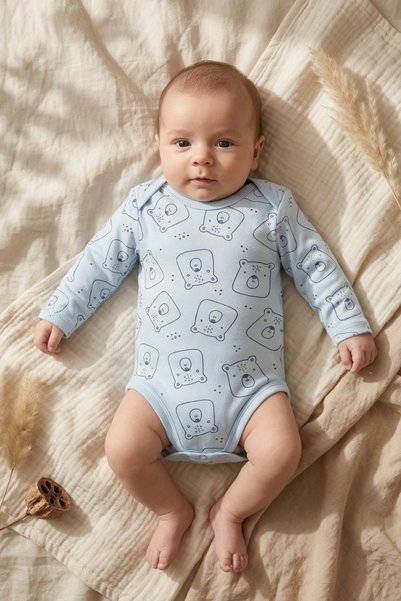 ANP MODA TASARIM 100% Natural Cotton Long-Sleeved Baby Bodysuit - Teddy Bear ...