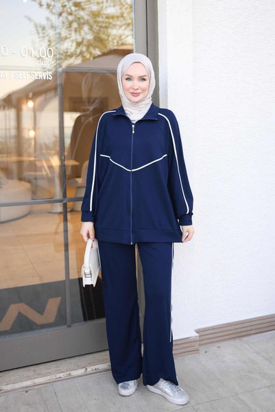 İmajButik Navy Blue Zippered Tunic and Pants Modal Set