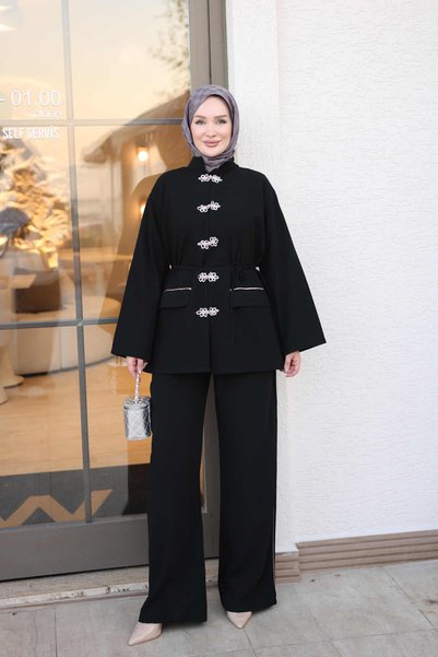 İmajButik Black Chinese Knot-Piped Jacket and Pants Suit