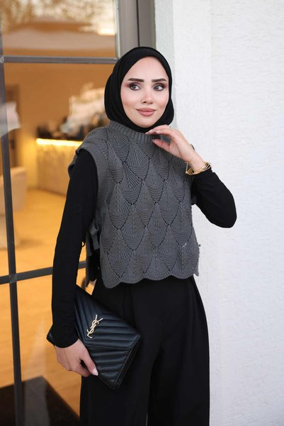 İmajButik Anthracite-Colored Lace-Like Knit Sweater with Seamless Sides with ...