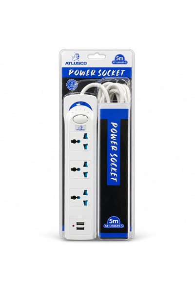 BURAQ ATLUSCO 3-Outlet Power Strip with 2 USB Ports, 5m Cable, White