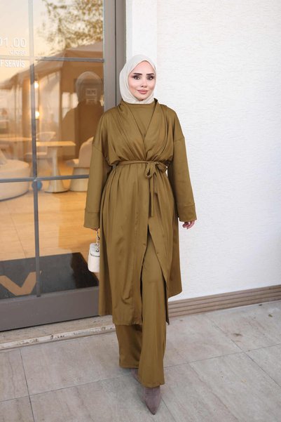 İmajButik Olive Green Scuba Tie-Detail Cardigan, Blouse, and Pants 3-Piece Set