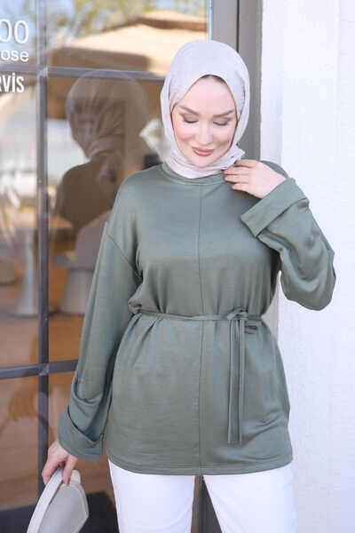 İmajButik Khaki Double-Sleeve Piped Tunic with Front Pleats