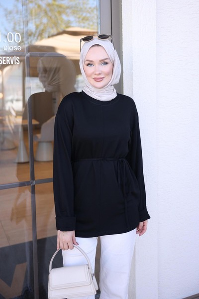 İmajButik Black Double-Sleeve Piped Tunic