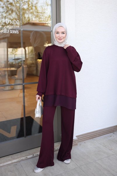 İmajButik Plum-Colored Pleated Tunic and Pants Set