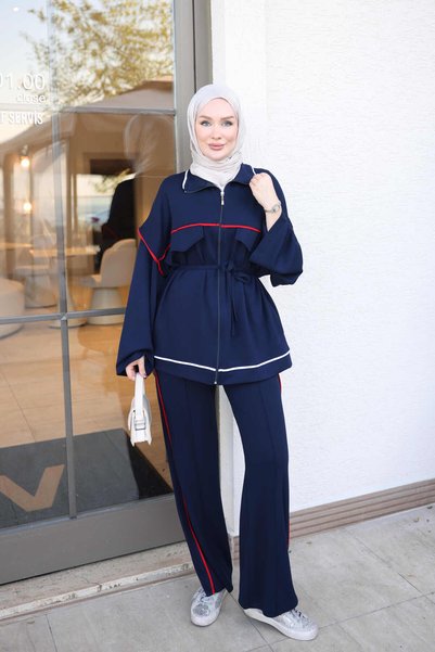 İmajButik Navy Blue Zippered Garnished Tunic and Trousers Set
