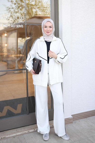 İmajButik Ecru Zippered Tunic and Trousers Modal Set