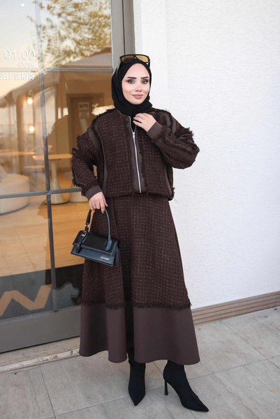 İmajButik Brown Tweed Suit with a Jacket and Skirt, Tasseled Fringes