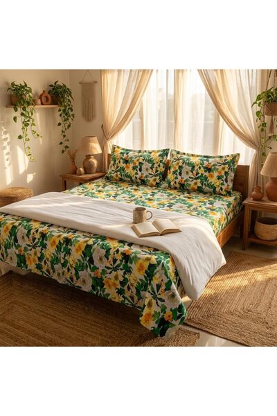 Generic King Size Flat Bedsheet Set, 3 Pieces, 260 x 240 cm (Green & Yellow)