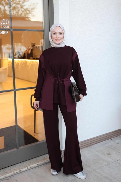 İmajButik Bordo Bağlamalı Garnili Tunik Pantolonlu Oys Takım