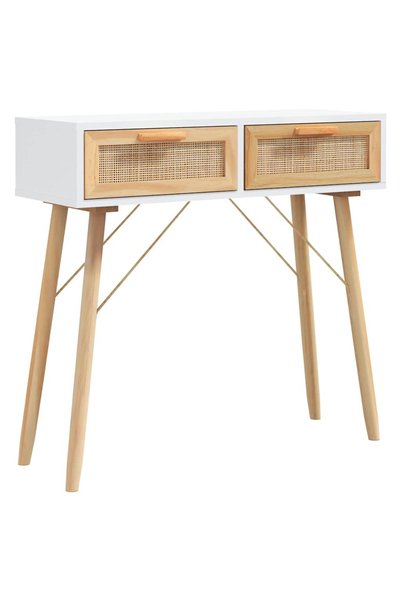 Syfax Masă consolă alb 80x30x75 cm lemn masiv pin și ratan