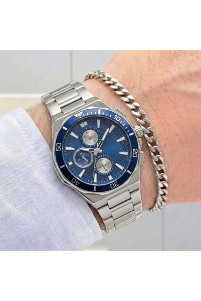 Feronnucci Men's Steel Wristwatch with Blue Dial, Silver-Toned Metal Strap, C...