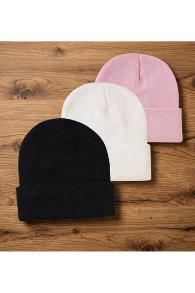 TNR SPORT Set of three women's beanies: black, white, and pink