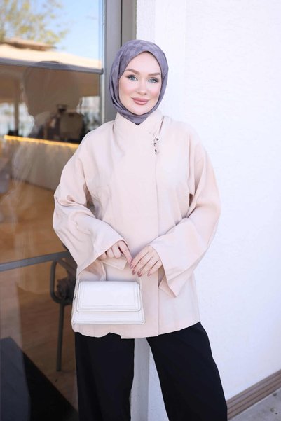 İmajButik Beige Single-Pocket Button-Down Tunic