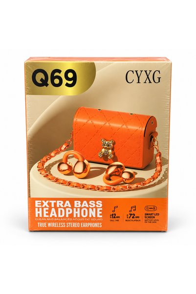 BURAQ سماعات أذن لاسلكية CYXG Q69 مع علبة شحن بتصميم حقيبة يد باللون البرتقالي