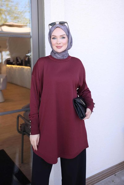 İmajButik Burgundy Cold Yarn Knitwear Tunic with Cufflinks