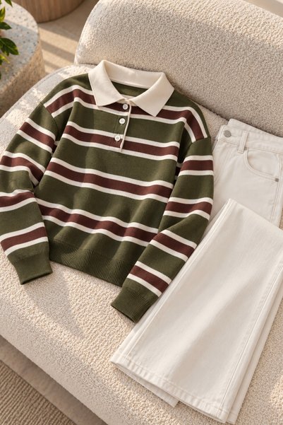 İmajButik سترة تريكو مخططة بياقة بولو باللون الكاكي