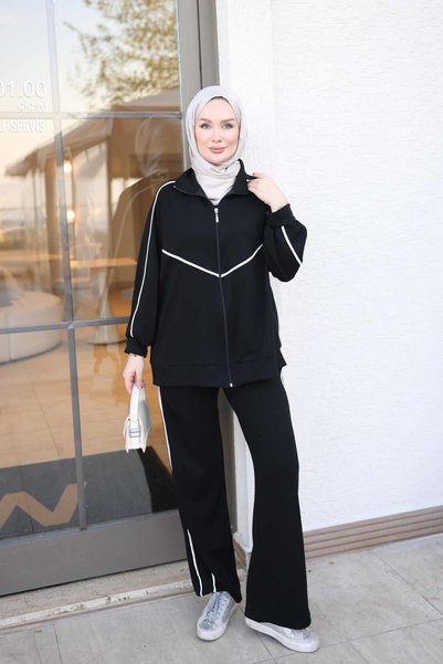 İmajButik Black Zippered Tunic and Pants Modal Set