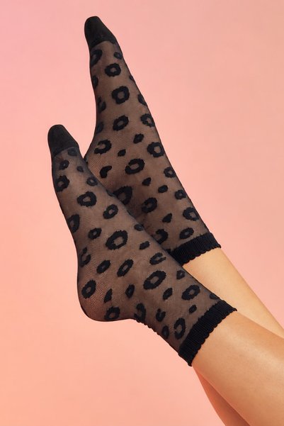 TGSocks Set of 2 Black Leopard Print Tulle Socks – Sheer, Thin Women's Ankle ...