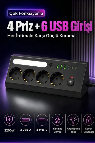 ROBEVE Blic BPS5 Akım Korumalı Priz 4 Topraklı Priz Ve 6 USB Girişli 3 USB-A 3 Type-C 2200W Aşırı Yük Korumalı 1050J LED Işıklı USB'li Grup Priz Ev Ofis Kamp Karavan Çalışma Alanı