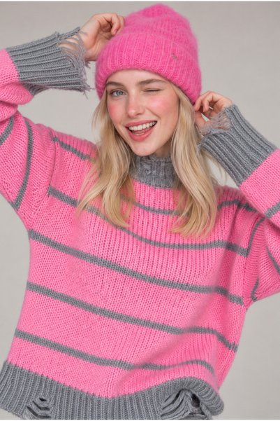 Neden Tekstil Women's Premium Striped Oversized Knit Sweater with Ripped Details