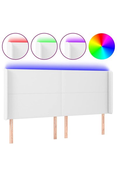 Syfax Tăblie de pat cu LED, alb, 203x16x118/128 cm, piele ecologică