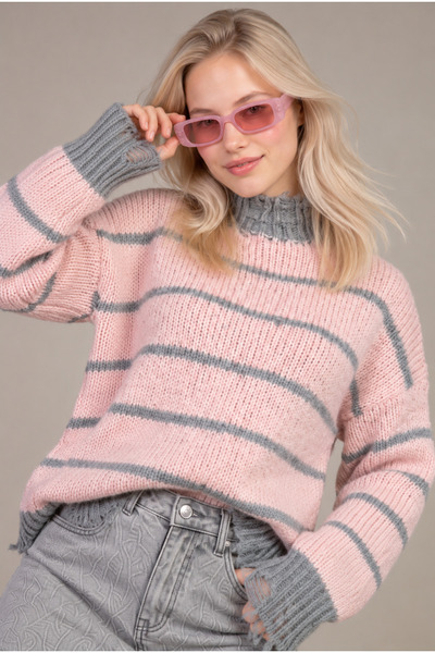 Neden Tekstil Women's Premium Striped Oversized Knit Sweater with Ripped Details