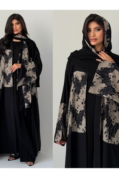 Classy She Abaya Set - Lace Color Blocked Abaya With Matching Headscarf