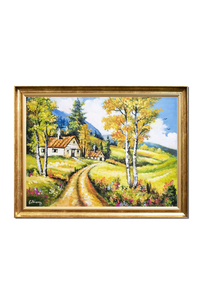 artnova Framed painting landscape with peasant houses, hand-painted, Corner o...