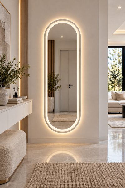 Kapsül Model Kumlu LED Boy Aynası, Arkadan Aydınlatmalı Oval Işıklı Duvar Aynası, Modern Dekoratif Antre ve Yatak Odası Aynası