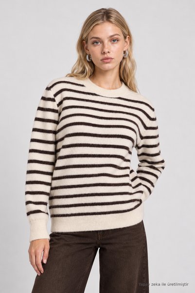 Lovelyİstanbul Пуловер от смес от вълна с ивици LYY0157, цвят „костна кафява“
