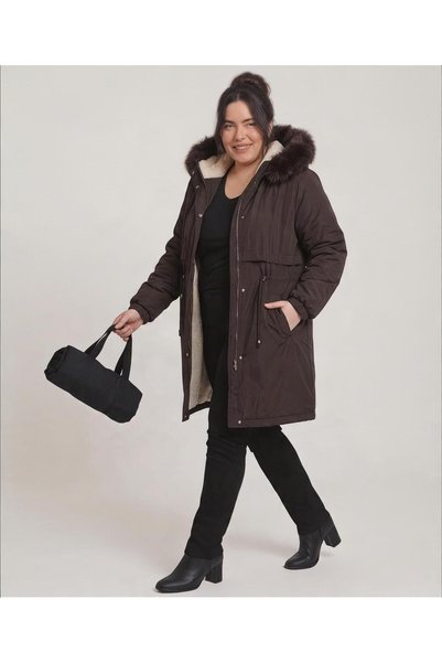 ENSAR GİYİM Women's plush, lined, oversized trench coat/jacket with a removab...