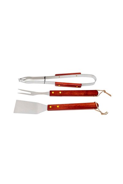 FOXMAG24 Set de grătar din 3 piese, mânere din lemn, oțel inoxidabil, 33 cm